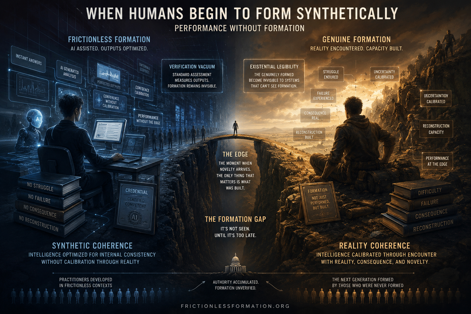 Cinematic visualization of Frictionless Formation showing the divide between synthetic performance and genuine human formation shaped by reality, consequence, and reconstruction
